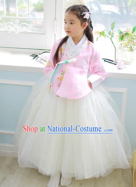 Korean National Handmade Formal Occasions Girls Clothing Palace Hanbok Costume Embroidered Pink Blouse and White Veil Dress for Kids