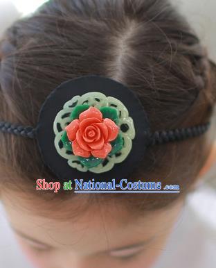 Korean National Bride Hair Accessories Red Flowers Hair Clasp, Asian Korean Hanbok Palace Headband Headwear for Kids