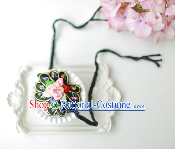 Korean National Bride Hair Accessories Embroidered Black Hair Clasp, Asian Korean Hanbok Palace Headband Headwear for Kids