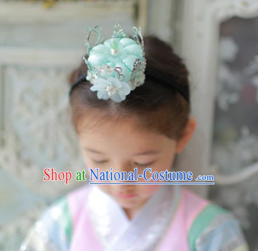 Korean National Bride Hair Accessories Blue Flowers Hair Clasp, Asian Korean Hanbok Palace Headband Headwear for Kids