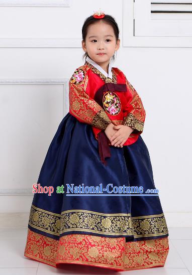 Top Grade Korean National Handmade Wedding Palace Girls Hanbok Costume Embroidered Red Blouse and Navy Dress for Kids