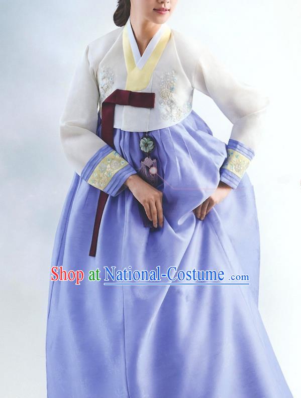 Top Grade Korean National Handmade Wedding Palace Bride Hanbok Costume Embroidered White Blouse and Blue Dress for Women