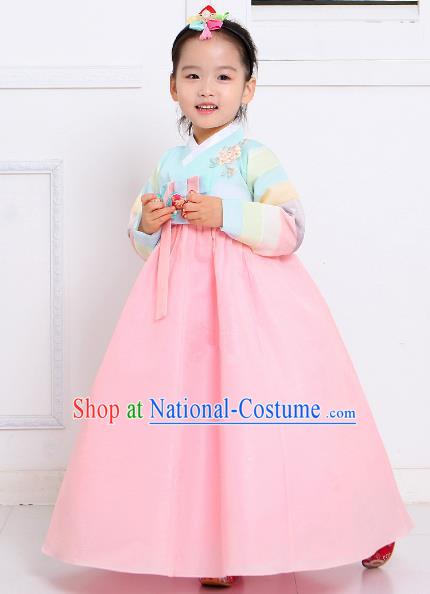 Top Grade Korean National Handmade Wedding Palace Bride Hanbok Costume Embroidered Green Blouse and Pink Dress for Kids