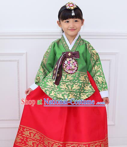 Top Grade Korean National Handmade Wedding Palace Bride Hanbok Costume Embroidered Green Blouse and Red Dress for Kids