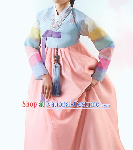 Top Grade Korean National Handmade Wedding Palace Bride Hanbok Costume Embroidered Blue Blouse and Orange Dress for Women