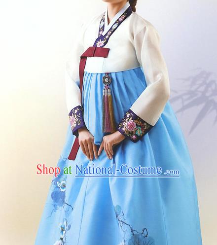 Top Grade Korean National Handmade Wedding Palace Bride Hanbok Costume Embroidered White Blouse and Blue Dress for Women