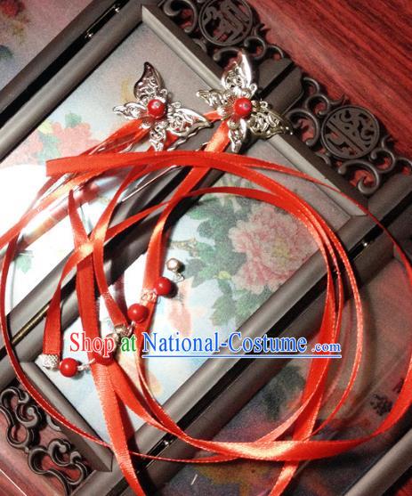 Traditional Chinese Ancient Classical Hair Accessories Butterfly Hair Clip Bride Red Ribbon Tassel Step Shake Hairpins for Women