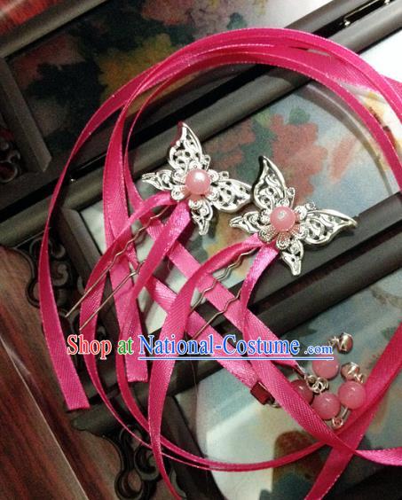 Traditional Chinese Ancient Classical Hair Accessories Butterfly Hair Clip Bride Rosy Ribbon Tassel Step Shake Hairpins for Women