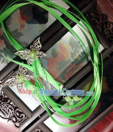 Traditional Chinese Ancient Classical Hair Accessories Butterfly Hair Clip Bride Green Ribbon Tassel Step Shake Hairpins for Women