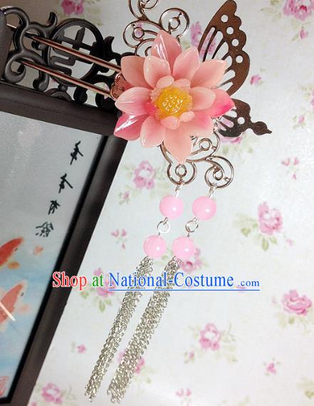 Traditional Chinese Ancient Classical Hair Accessories Hanfu Pink Flower Hair Clip Tassel Step Shake Bride Hairpins for Women