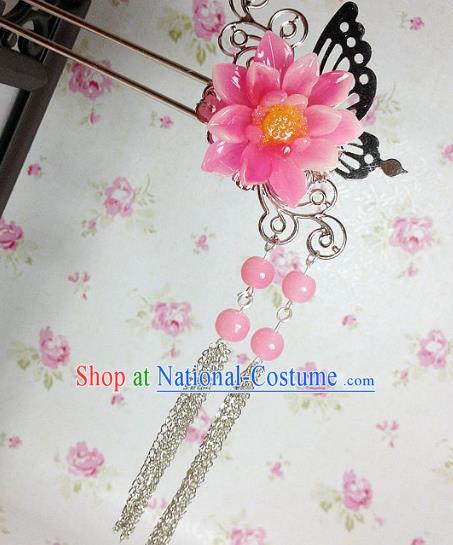 Traditional Chinese Ancient Classical Hair Accessories Hanfu Peach Pink Flower Hair Clip Tassel Step Shake Bride Hairpins for Women