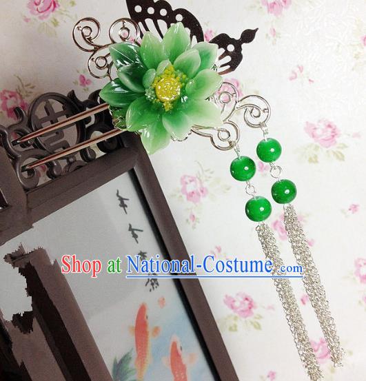 Traditional Chinese Ancient Classical Hair Accessories Hanfu Green Flower Hair Clip Tassel Step Shake Bride Hairpins for Women