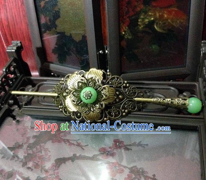 Traditional Handmade Chinese Classical Hair Accessories, Ancient Royal Highness Green Beads Tuinga Hairdo Crown for Men