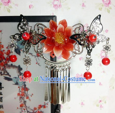 Traditional Chinese Ancient Classical Hair Accessories Princess Red Flower Hair Comb Tassel Step Shake Hairpins for Women