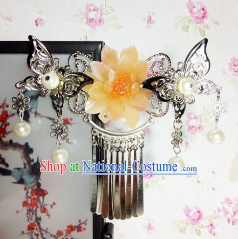 Traditional Chinese Ancient Classical Hair Accessories Princess Yellow Flower Hair Comb Tassel Step Shake Hairpins for Women