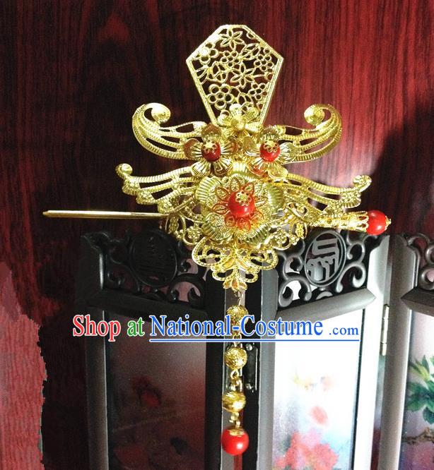 Traditional Handmade Chinese Classical Hair Accessories, Ancient Royal Highness Golden Headband Tassel Tuinga Hairdo Crown for Men