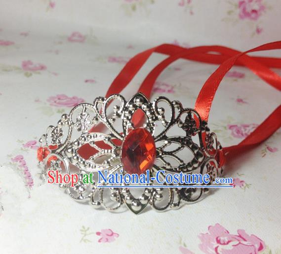 Traditional Handmade Chinese Classical Hair Accessories, Ancient Royal Highness Red Crystal Ribbon Headband Tuinga Hairdo Crown for Men