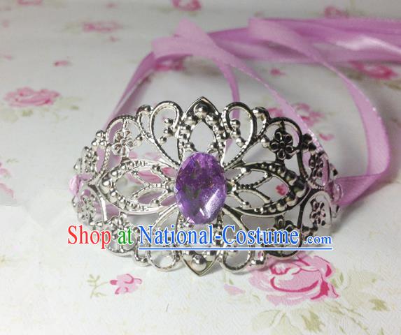 Traditional Handmade Chinese Classical Hair Accessories, Ancient Royal Highness Purple Crystal Ribbon Headband Tuinga Hairdo Crown for Men