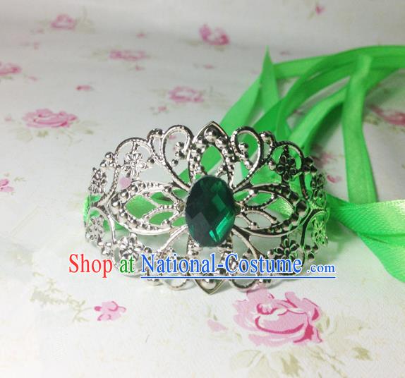 Traditional Handmade Chinese Classical Hair Accessories, Ancient Royal Highness Green Crystal Ribbon Headband Tuinga Hairdo Crown for Men