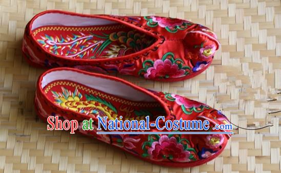 Asian Chinese Traditional Wedding Shoes Red Embroidered Shoes, China Peking Opera Embroidery Peony Become Warped Head Shoe Hanfu Shoes for Women