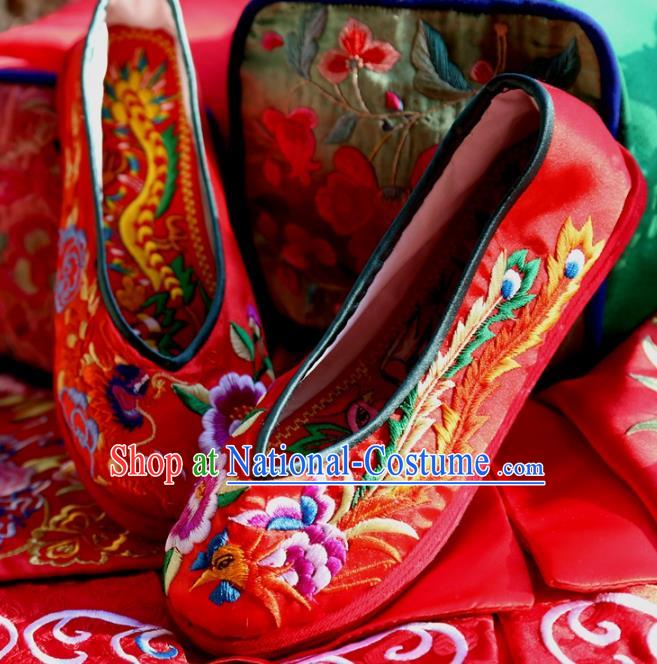 Asian Chinese Traditional Shoes Wedding Bride Red Embroidered Shoes, China Peking Opera Handmade Embroidery Phoenix Hanfu Shoes for Women