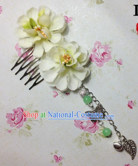 Traditional Chinese Ancient Classical Hair Accessories Hanfu Green Flowers Hair Comb Bride Butterfly Tassel Hairpins for Women