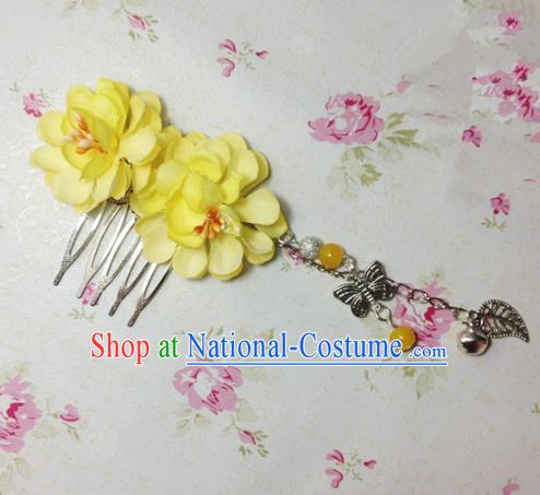 Traditional Chinese Ancient Classical Hair Accessories Hanfu Yellow Flowers Hair Comb Bride Butterfly Tassel Hairpins for Women