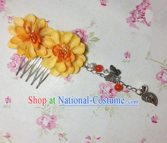 Traditional Chinese Ancient Classical Hair Accessories Hanfu Orange Flowers Hair Comb Bride Butterfly Tassel Hairpins for Women