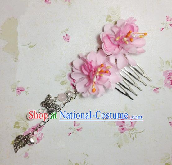 Traditional Chinese Ancient Classical Hair Accessories Hanfu Pink Flowers Hair Comb Bride Butterfly Tassel Hairpins for Women