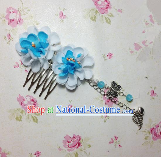 Traditional Chinese Ancient Classical Hair Accessories Hanfu Blue Flowers Hair Comb Bride Butterfly Tassel Hairpins for Women