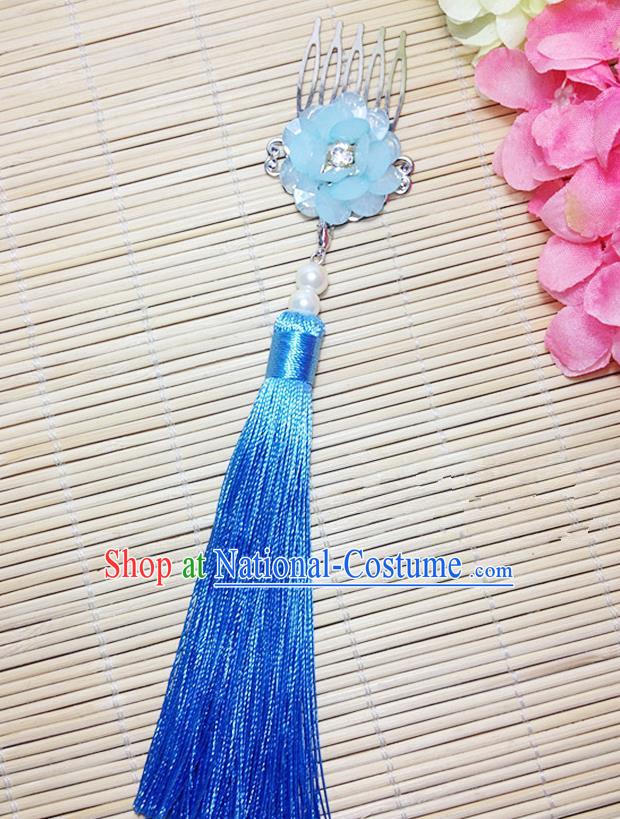 Traditional Chinese Ancient Classical Hair Accessories Hanfu Cheongsam Hair Comb Bride Light Blue Tassel Hairpins for Women