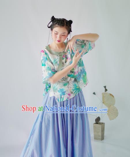 Asian China National Costume Hanfu Slant Opening Printing Flowers Green Qipao Blouse, Traditional Chinese Tang Suit Cheongsam Shirts Clothing for Women