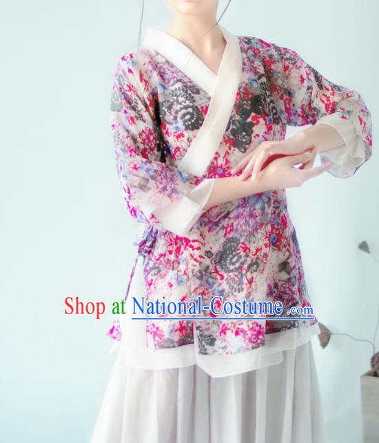 Asian China National Costume Hanfu Slant Opening Printing Flowers Purple Qipao Blouse, Traditional Chinese Tang Suit Cheongsam Shirts Clothing for Women