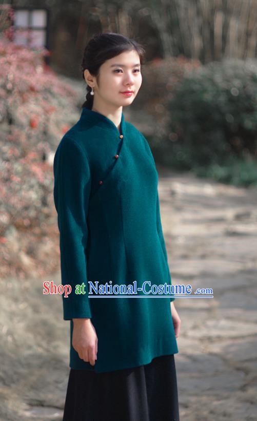 Asian China National Costume Hanfu Slant Opening Green Woolen Qipao Coat, Traditional Chinese Tang Suit Cheongsam Shirts Clothing for Women