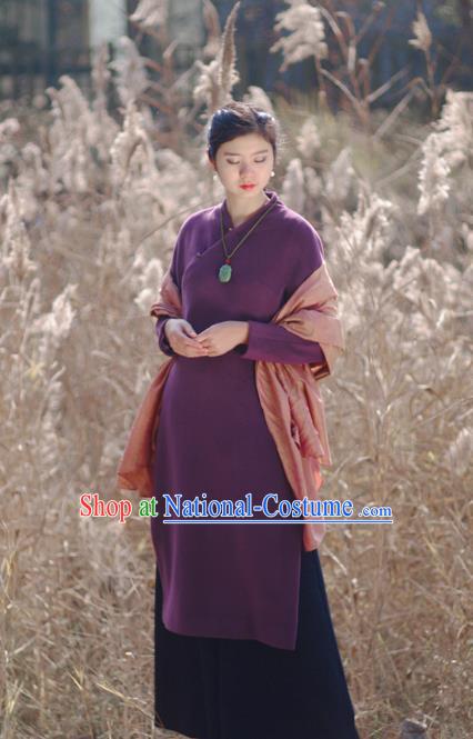 Asian China National Costume Hanfu Slant Opening Purple Woolen Qipao Dress, Traditional Chinese Tang Suit Cheongsam Clothing for Women