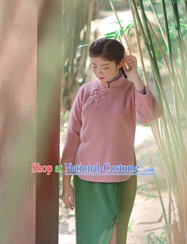 Asian China National Costume Hanfu Slant Opening Pink Woolen Qipao Blouse, Traditional Chinese Tang Suit Cheongsam Shirts Clothing for Women