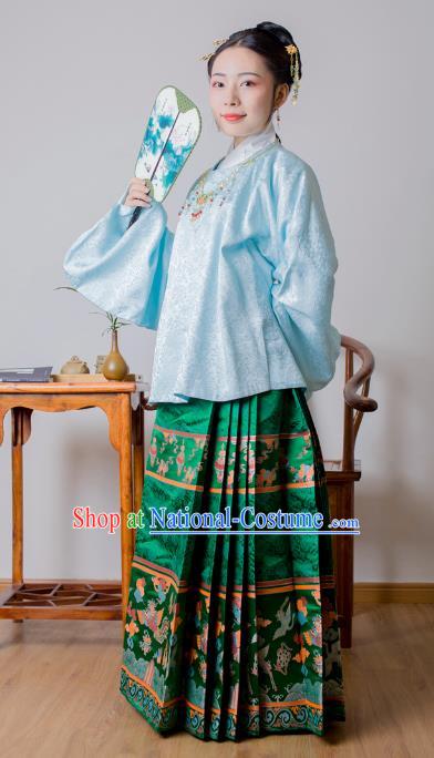 Asian China Ming Dynasty Palace Lady Costume Green Brocade Horse-face Skirt, Traditional Ancient Chinese Princess Hanfu Embroidered Clothing for Women