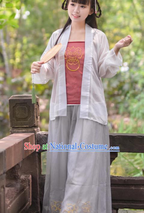 Asian China Song Dynasty Young Lady Costume Blouse and Pants, Traditional Ancient Chinese Princess Hanfu Embroidered Clothing for Women