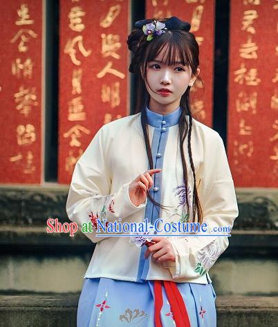 Asian China Ming Dynasty Young Lady Costume Embroidered Blouse, Traditional Ancient Chinese Princess Hanfu Shirts Clothing for Women