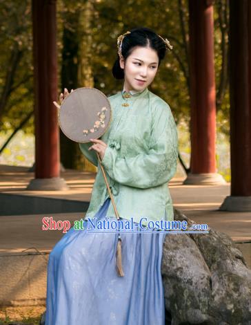 Asian China Ming Dynasty Princess Costume Green Blouse, Traditional Ancient Chinese Palace Lady Embroidered Hanfu Shirts Clothing for Women