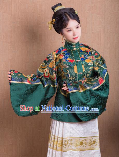 Asian China Ming Dynasty Princess Costume Green Blouse, Traditional Ancient Chinese Palace Lady Embroidered Hanfu Shirts Clothing for Women