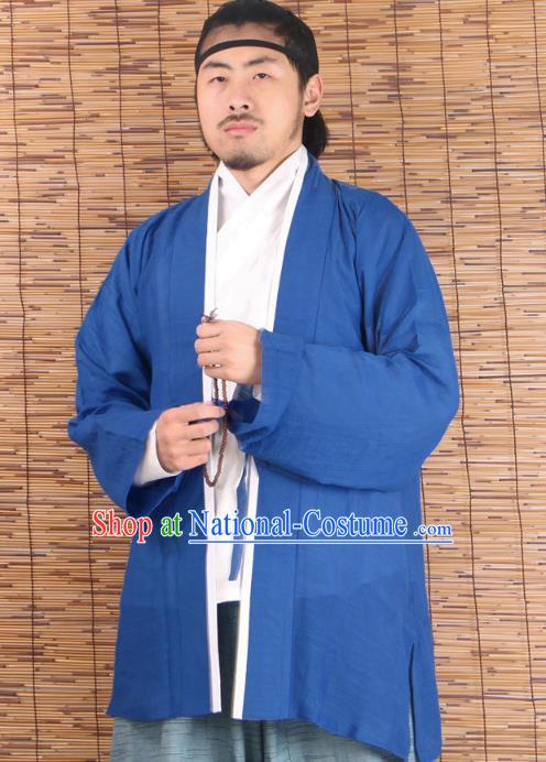 Asian China Ming Dynasty Swordsman Costume Blue Shirts, Traditional Ancient Chinese Youxia Hanfu BeiZi Clothing for Men