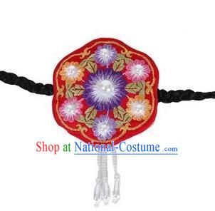 Traditional Korean Hair Accessories, Asian Korean Fashion Headwear Embroidered Tassel Red Hair Clasp for Kids