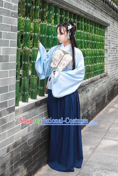 Asian China Ming Dynasty Princess Costume Blue Blouse and Skirt, Traditional Ancient Chinese Palace Lady Hanfu Embroidered Clothing for Women