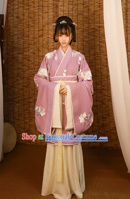 Asian China Han Dynasty Imperial Princess Costume Purple Curve Bottom, Traditional Ancient Chinese Hanfu Embroidered Clothing for Women