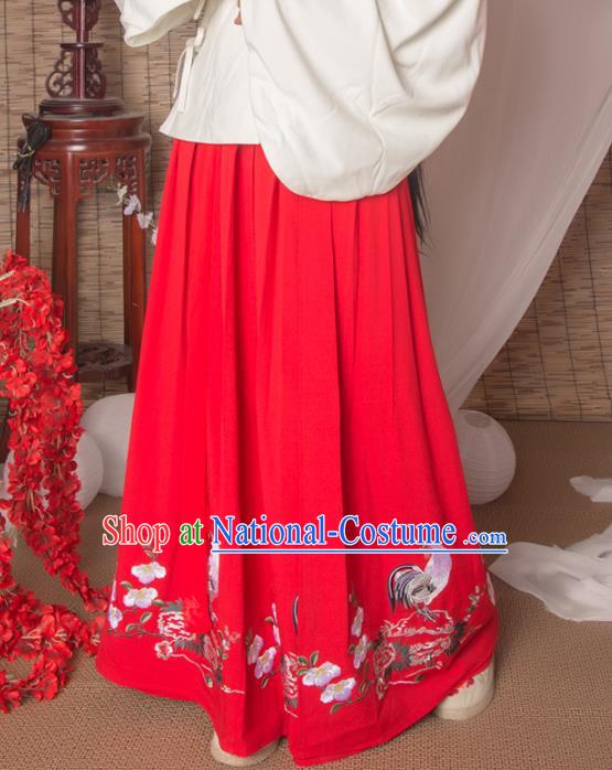 Asian China Ming Dynasty Palace Lady Costume Red Skirt, Traditional Ancient Chinese Imperial Princess Hanfu Embroidered Skirt Clothing for Women