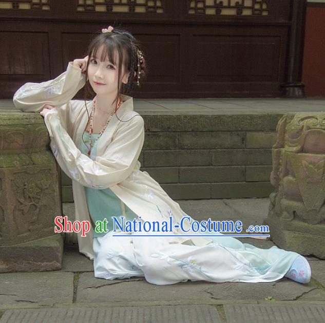 Asian China Song Dynasty Young Lady Costume, Traditional Ancient Chinese Hanfu Blouse and Pants Clothing for Women