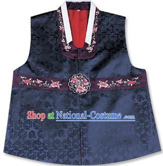 Traditional Korean Handmade Hanbok Embroidered Navy Vest, Asian Korean Apparel Hanbok Embroidery Bridegroom Waistcoat for Men