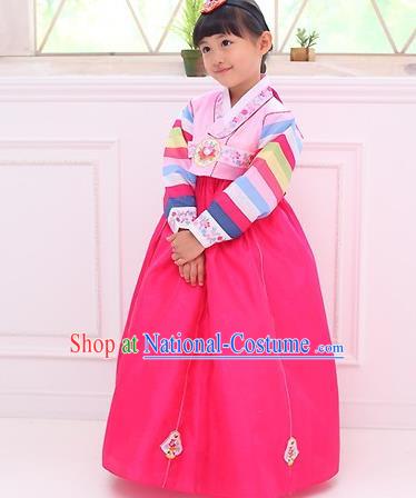 Traditional Korean National Girls Handmade Court Embroidered Clothing, Asian Korean Apparel Hanbok Embroidery Pink Dress Costume for Kids