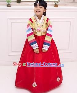 Traditional Korean National Girls Handmade Court Embroidered Clothing, Asian Korean Apparel Hanbok Embroidery Yellow Costume for Kids